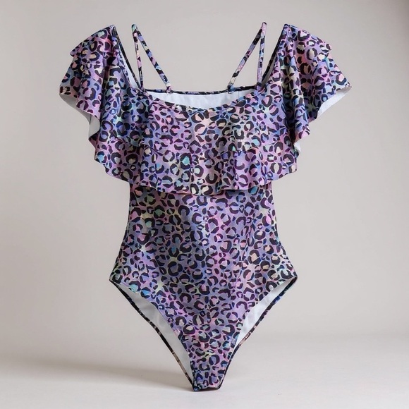 Girls Juniors One Piece Swimsuit Ruffled Off Shoulder RainbowCheetah Print S NEW - Picture 1 of 16